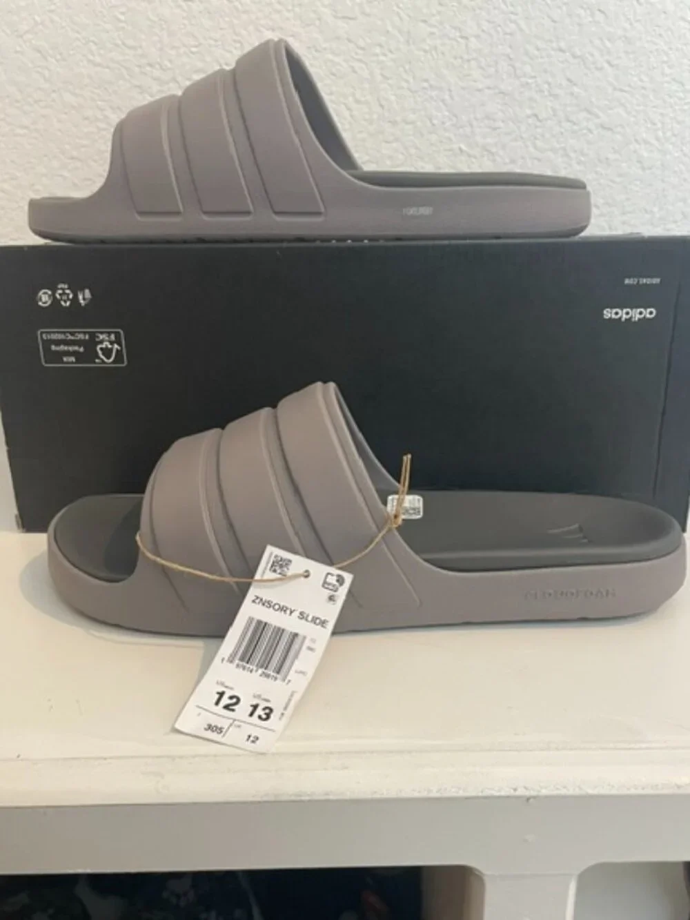Adidas ZNSORY Slides in the Taupe/Grey colorway.